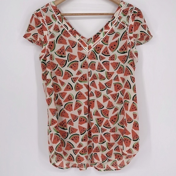 Anthropologie Maeve Women’s Picnic Days Watermelon Blouse Top Size 6 Cap Sleeve - Picture 3 of 9